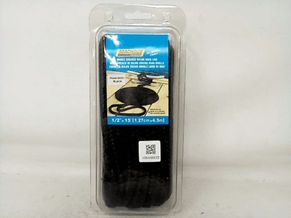 Seachoice Double-Braid Nylon Dock Line 1/2" x 15' Black – Marine Mooring Rope